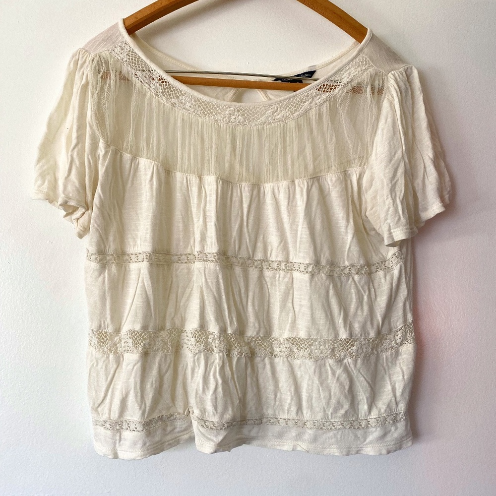 American Eagle Ivory Cropped Peasant Top with Lace